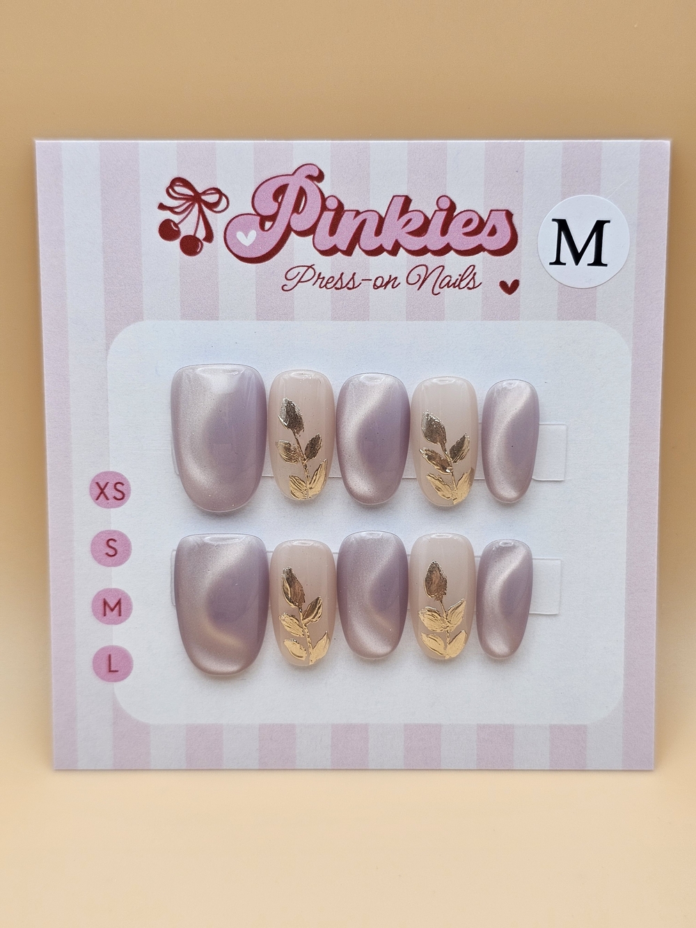 Size M Press-on Nails Set 10pc Short Round Lavender Purple Champagne Tan Cateye